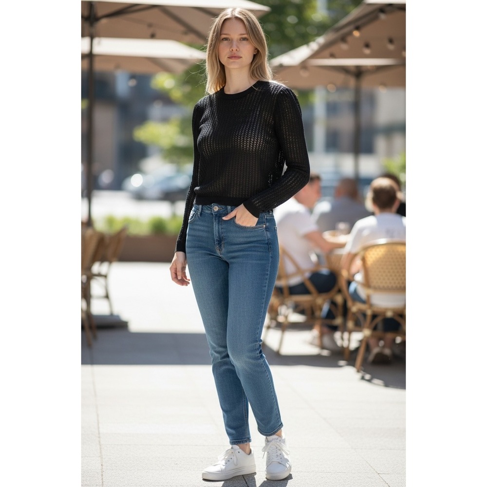 Free People Black Sheer Mesh Knit Cropped Long Sleeve Sweater Top S